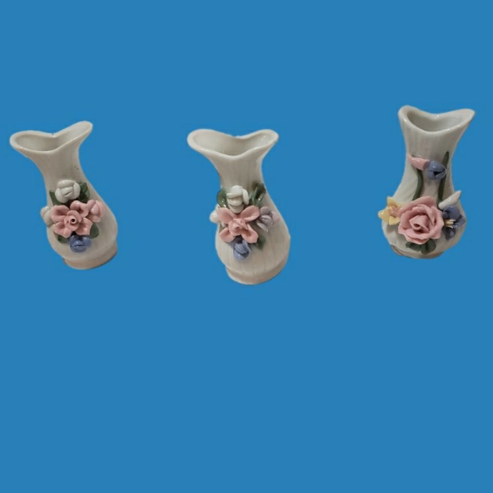 Set of 3 Miniature Raised Rose Glazed Vases